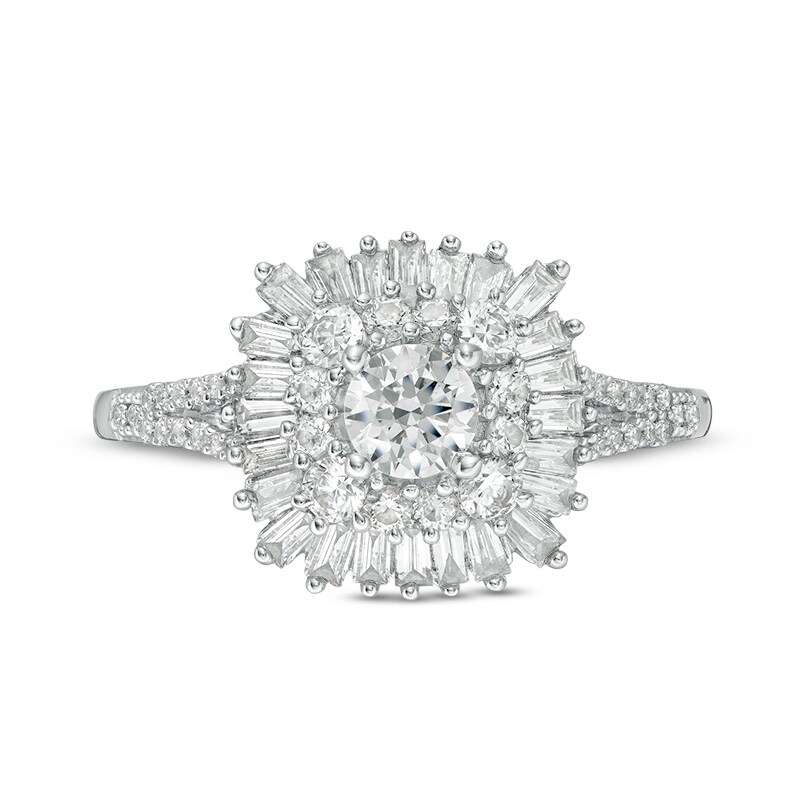 Main Image 4 of Previously Owned - 1 CT. T.W. Diamond Double Cushion Sunburst Frame Engagement Ring in 14K White Gold