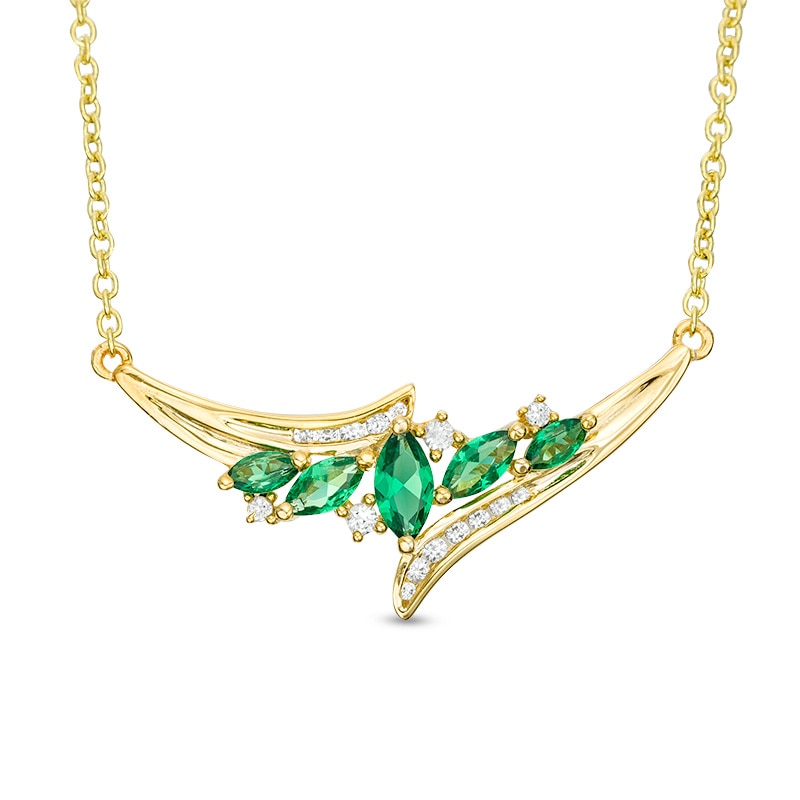 Main Image 1 of Previously Owned - Lab-Created Emerald and White Sapphire Bypass Necklace in Sterling Silver with 14K Gold Plate