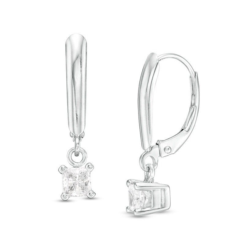 Main Image 1 of Previously Owned - 1/2 CT. T.W. Princess-Cut Diamond Solitaire Leverback Earrings in 14K White Gold (I/VS2)