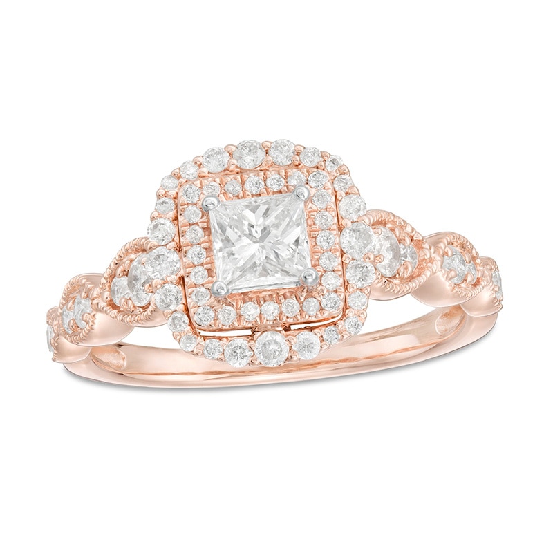 Main Image 1 of Previously Owned - 7/8 CT. T.W. Princess-Cut Diamond Frame Art Deco Vintage-Style Engagement Ring in 10K Rose Gold