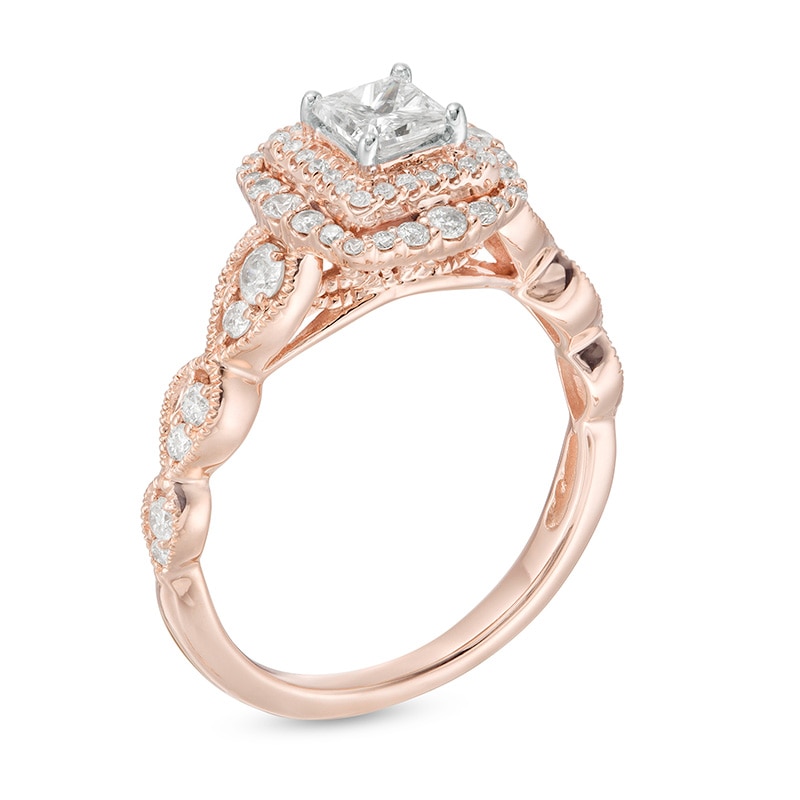 Main Image 3 of Previously Owned - 7/8 CT. T.W. Princess-Cut Diamond Frame Art Deco Vintage-Style Engagement Ring in 10K Rose Gold