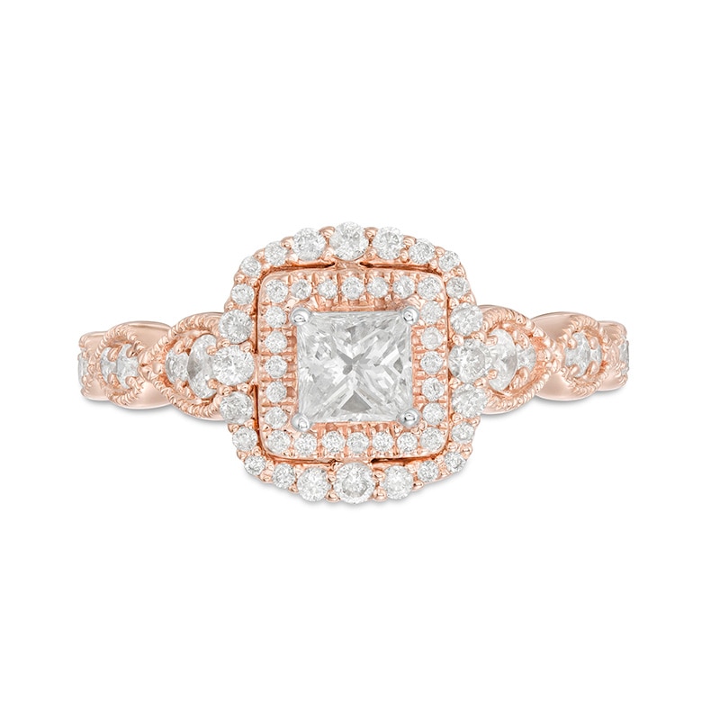 Main Image 4 of Previously Owned - 7/8 CT. T.W. Princess-Cut Diamond Frame Art Deco Vintage-Style Engagement Ring in 10K Rose Gold