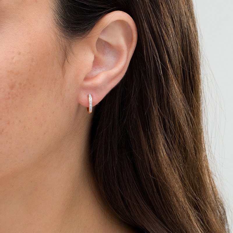 Main Image 2 of Previously Owned - 1/15 CT. T.W. Diamond Huggie Hoop Earrings in 14K Rose Gold