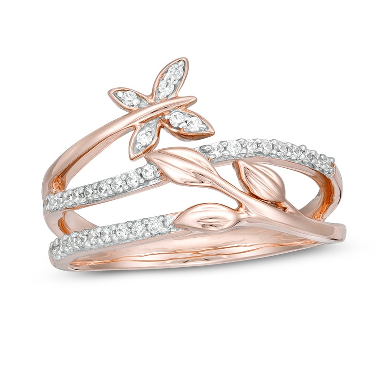 Main Image 1 of Previously Owned - 1/6 CT. T.W. Diamond Butterfly and Leaf Multi-Row Wrap Ring in 10K Rose Gold