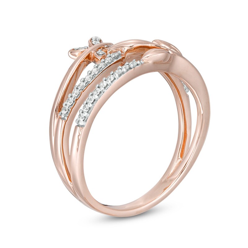 Main Image 3 of Previously Owned - 1/6 CT. T.W. Diamond Butterfly and Leaf Multi-Row Wrap Ring in 10K Rose Gold