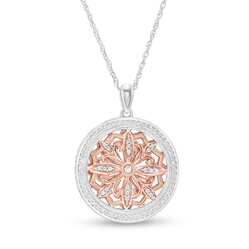 Main Image 1 of Previously Owned - 1/4 CT. T.W. Diamond Ornate Flower Locket in Sterling Silver and 10K Rose Gold