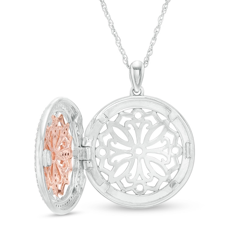 Main Image 3 of Previously Owned - 1/4 CT. T.W. Diamond Ornate Flower Locket in Sterling Silver and 10K Rose Gold