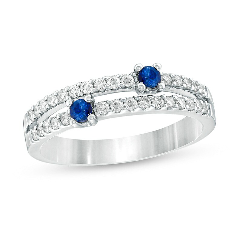 Previously Owned - Blue Sapphire and 1/3 CT. T.W. Diamond Double Row Orbit Ring in 14K White Gold