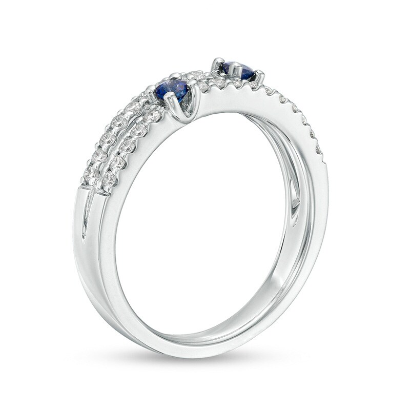 Previously Owned - Blue Sapphire and 1/3 CT. T.W. Diamond Double Row Orbit Ring in 14K White Gold