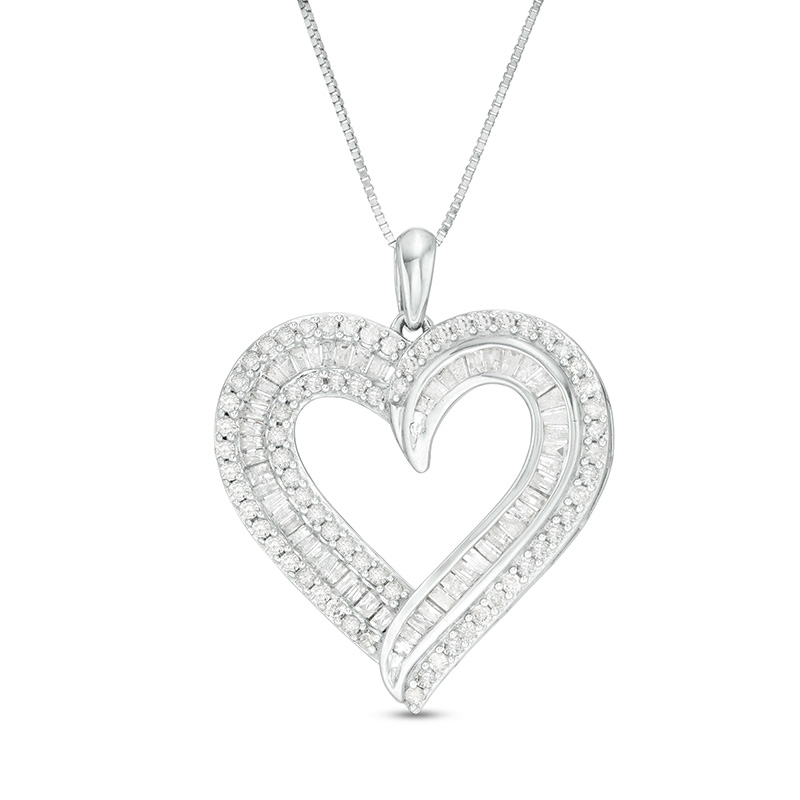 Thumbnail Image 1 of Previously Owned - 1 CT. T.W. Baguette and Round Diamond Double Row Heart Pendant in 10K White Gold
