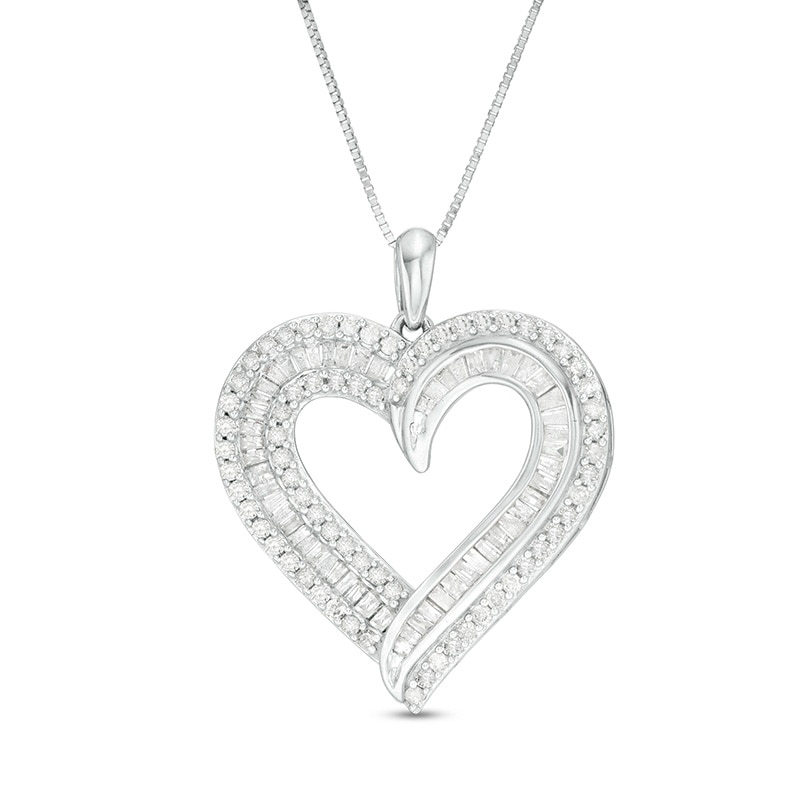 Main Image 1 of Previously Owned - 1 CT. T.W. Baguette and Round Diamond Double Row Heart Pendant in 10K White Gold