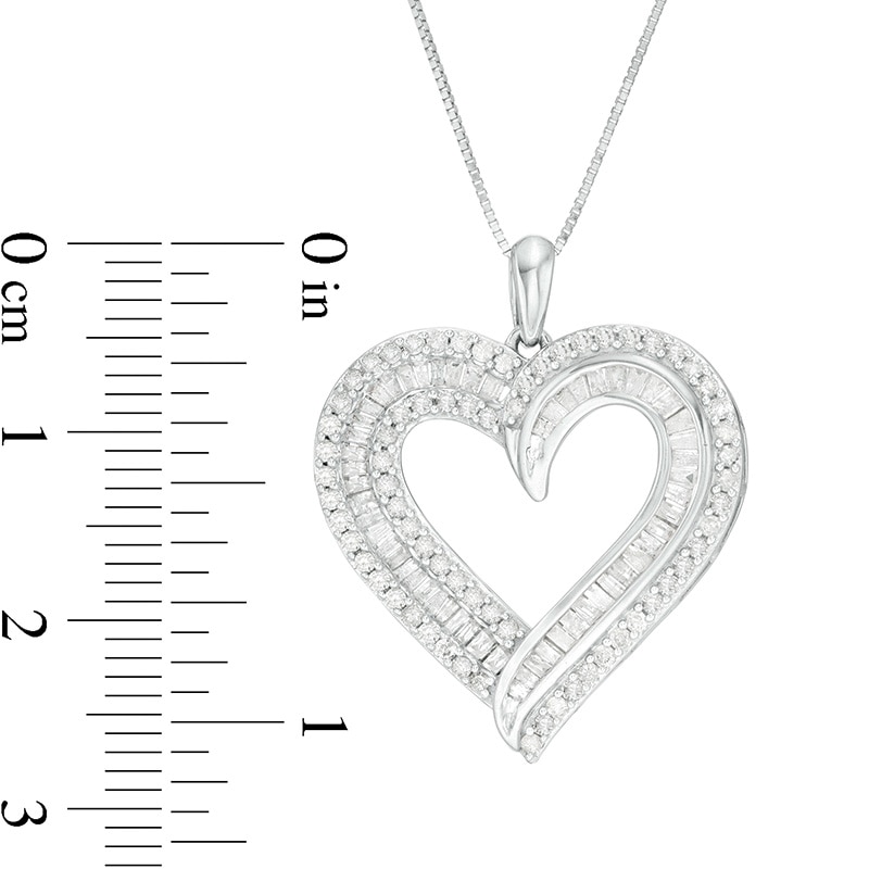 Main Image 3 of Previously Owned - 1 CT. T.W. Baguette and Round Diamond Double Row Heart Pendant in 10K White Gold