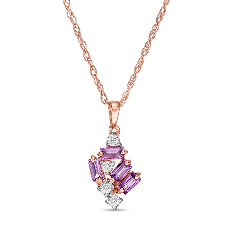 Main Image 1 of Previously Owned - Baguette-Cut Amethyst and Diamond Accent Cluster Pendant in 10K Rose Gold