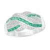 Thumbnail Image 1 of Previously Owned - Emerald and 1/20 CT. T.W. Diamond Beaded Border Crossover Ring in Sterling Silver