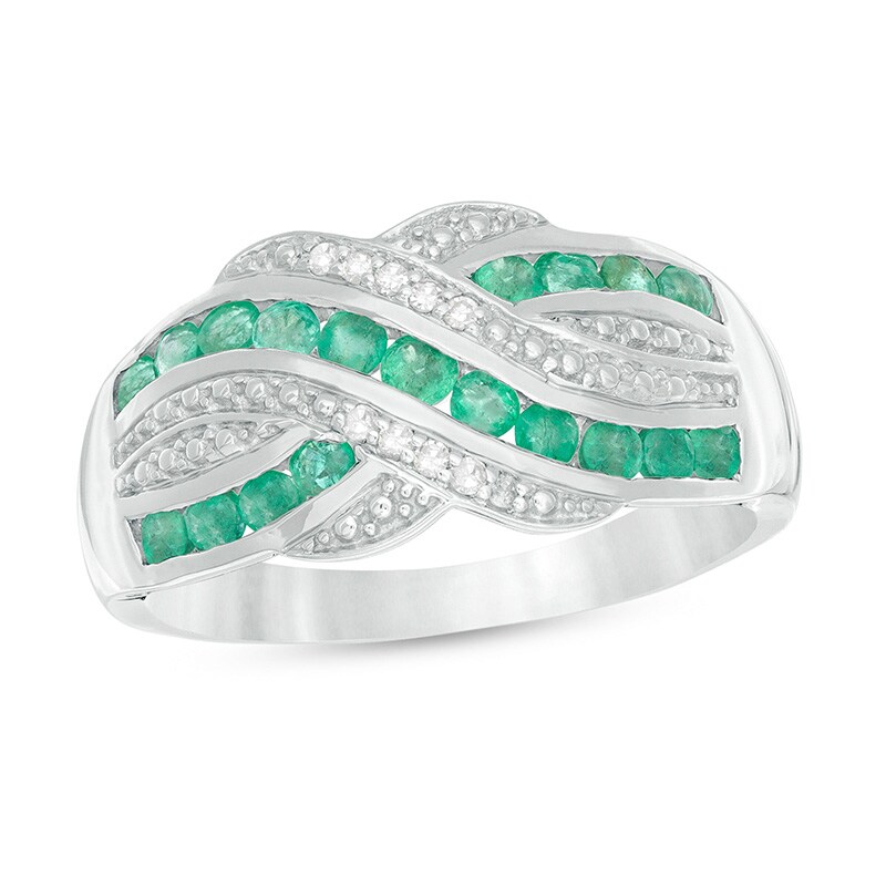Main Image 1 of Previously Owned - Emerald and 1/20 CT. T.W. Diamond Beaded Border Crossover Ring in Sterling Silver
