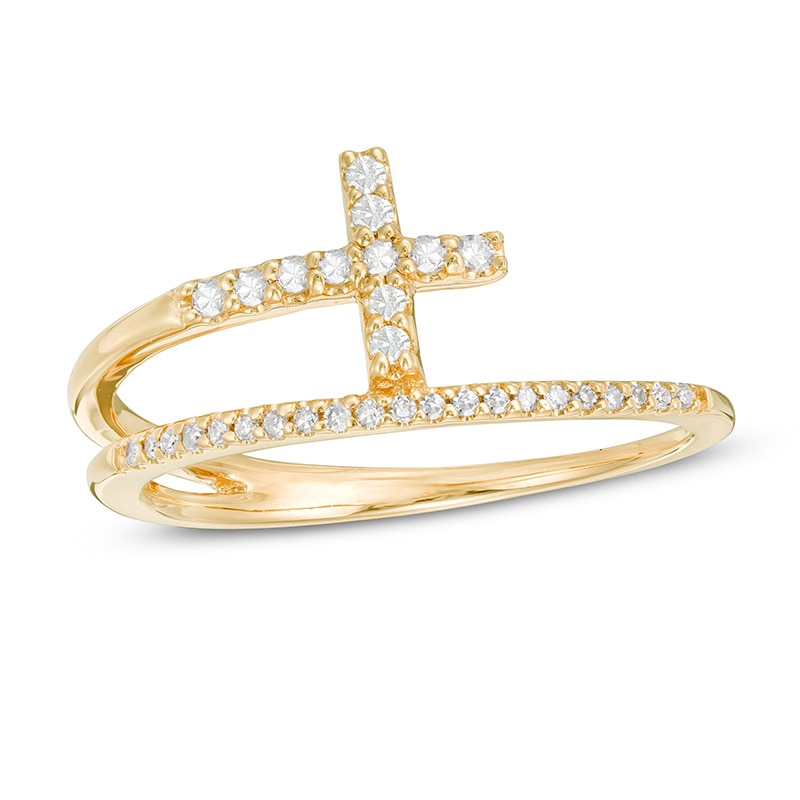 Main Image 1 of Previously Owned - 1/6 CT. T.W. Diamond Cross Split Shank Stacked Ring in 10K Gold