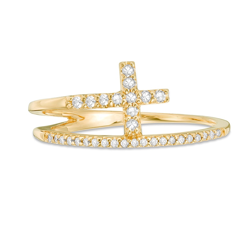 Main Image 3 of Previously Owned - 1/6 CT. T.W. Diamond Cross Split Shank Stacked Ring in 10K Gold