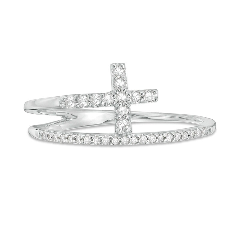 Main Image 3 of Previously Owned - 1/6 CT. T.W. Diamond Cross Split Shank Stacked Ring in 10K White Gold