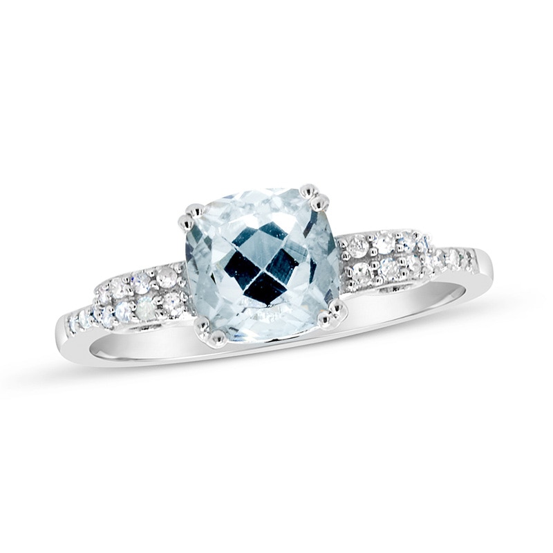 Main Image 1 of Previously Owned - Cushion-Cut Aquamarine and 1/10 CT. T.W. Diamond Scrolling Ribbon Side Accent Ring in Sterling Silver
