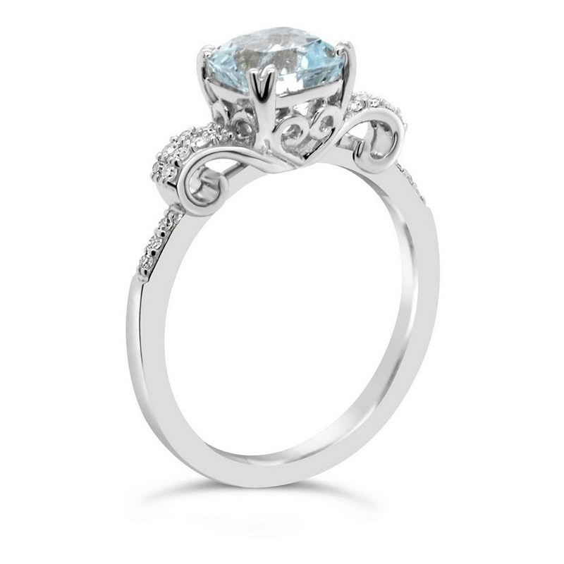 Main Image 2 of Previously Owned - Cushion-Cut Aquamarine and 1/10 CT. T.W. Diamond Scrolling Ribbon Side Accent Ring in Sterling Silver