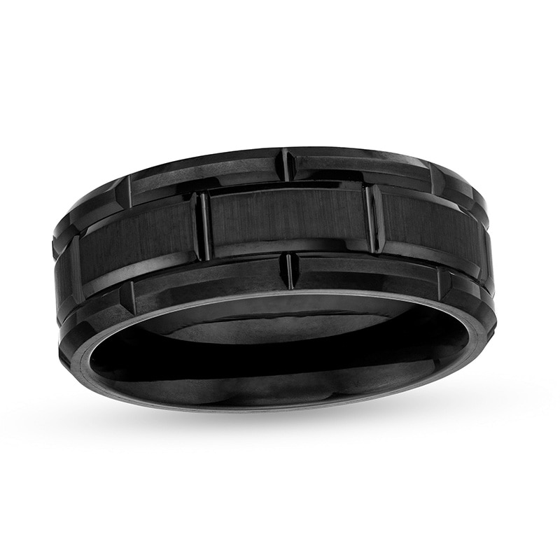 Main Image 1 of Previously Owned - 8.0mm Multi-Finish Brick Pattern Wedding Band in Tungsten with Black IP