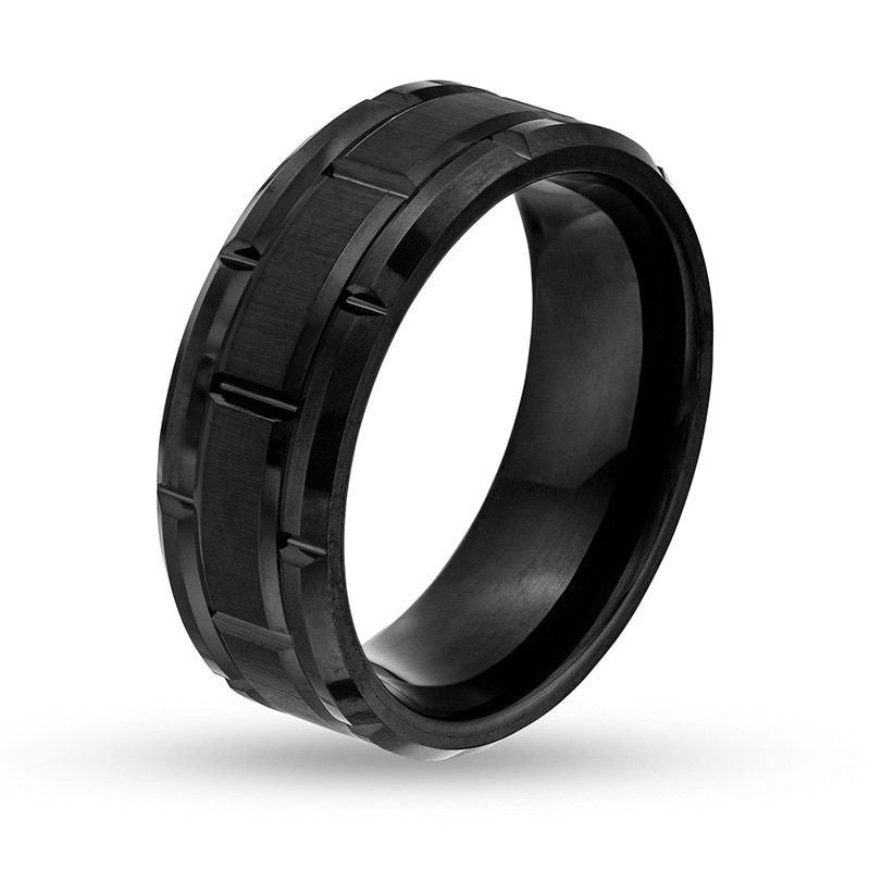 Main Image 2 of Previously Owned - 8.0mm Multi-Finish Brick Pattern Wedding Band in Tungsten with Black IP