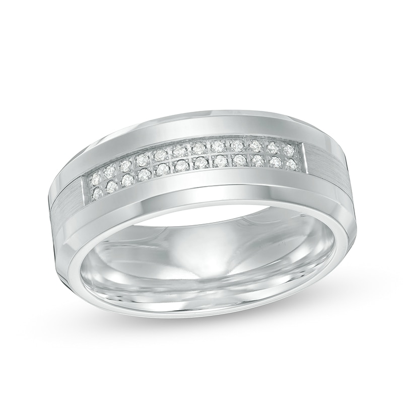 Main Image 1 of Previously Owned - Men's 1/8 CT. T.W. Diamond Double Row Wedding Band in Stainless Steel and Cobalt