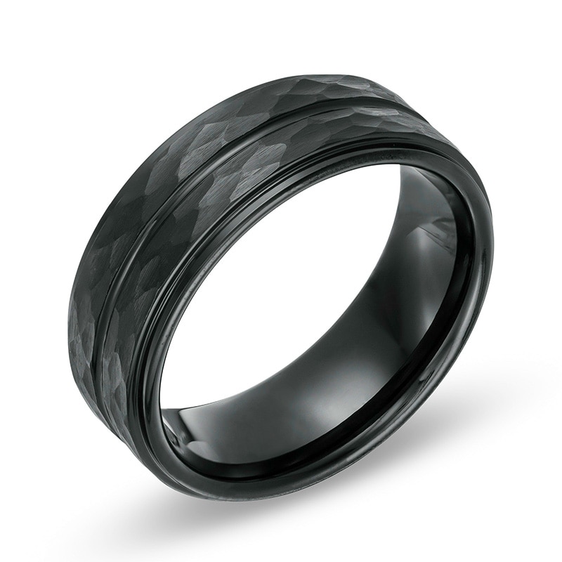 Main Image 3 of Previously Owned - Men's 8.0mm Hammered Groove Wedding Band in Black IP Tantalum