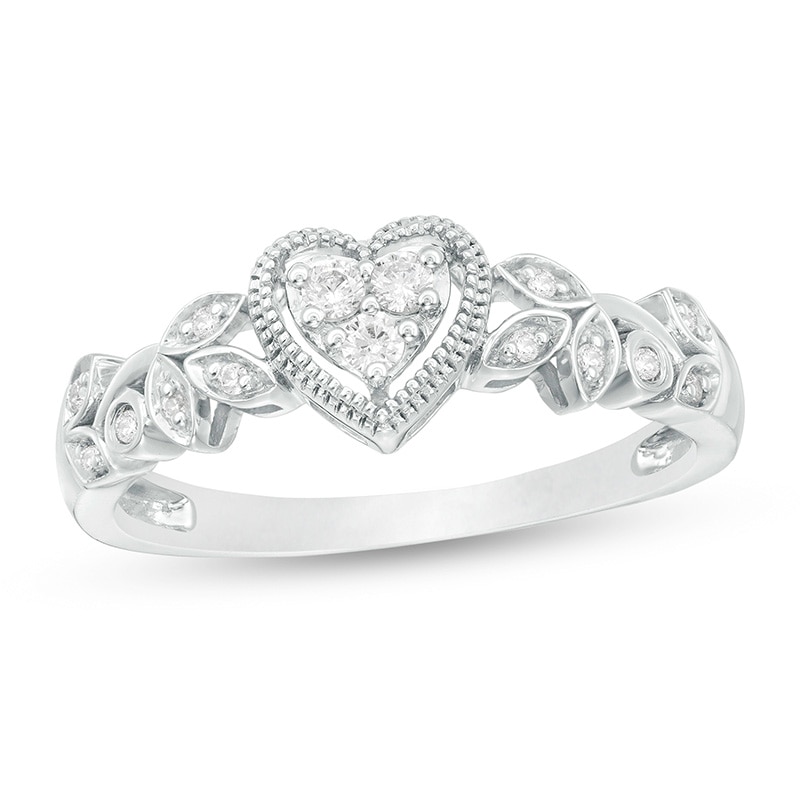 Main Image 1 of Previously Owned - 1/8 CT. T.W. Diamond Heart Frame Filigree Vintage-Style Promise Ring in Sterling Silver