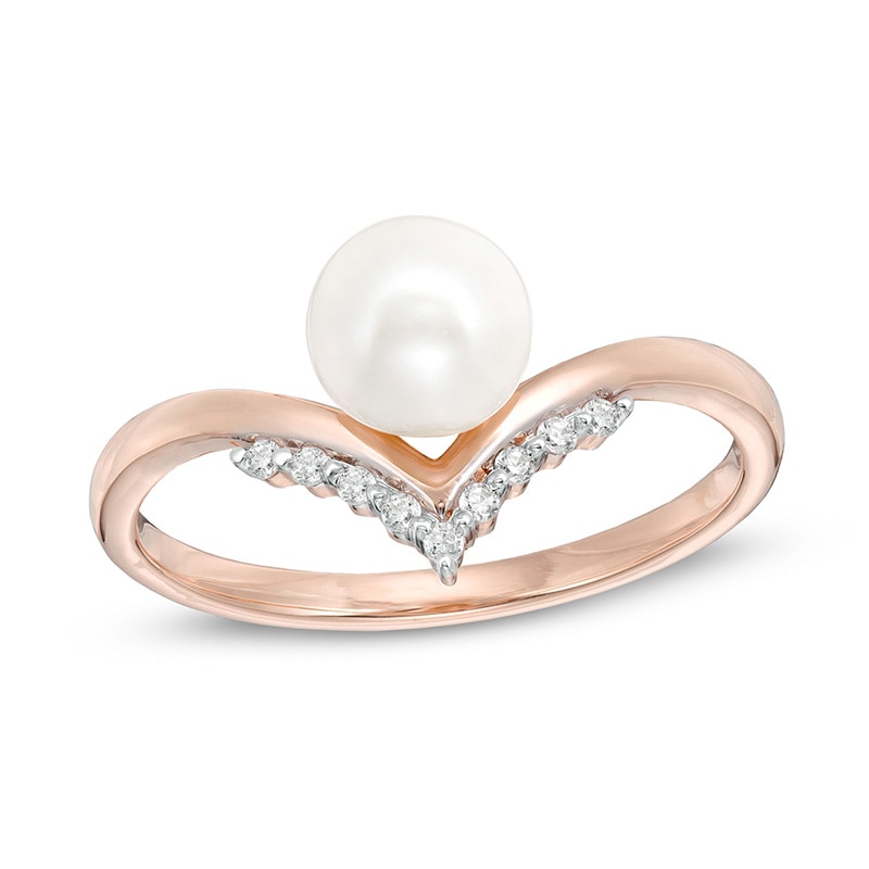 Main Image 1 of Previously Owned-6.0mm Freshwater Cultured Pearl and 1/20 CT. T.W. Diamond Chevron Ring in 10K Rose Gold
