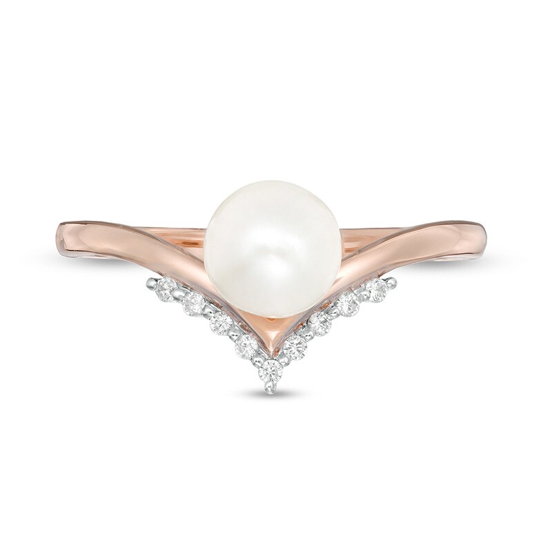 Main Image 4 of Previously Owned-6.0mm Freshwater Cultured Pearl and 1/20 CT. T.W. Diamond Chevron Ring in 10K Rose Gold