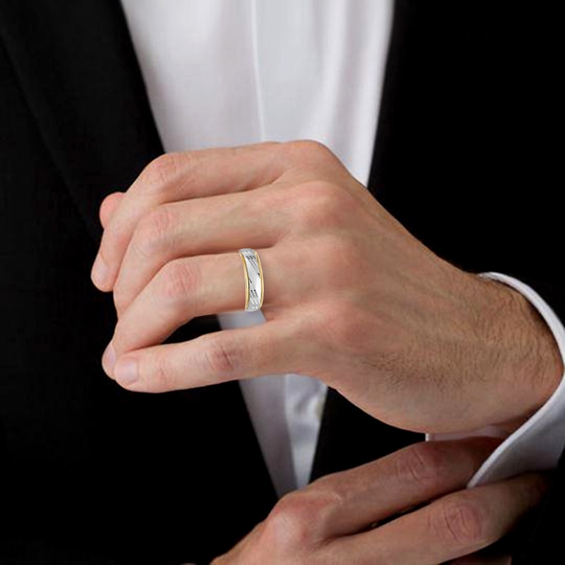 Main Image 2 of Previously Owned - 6.0mm Comfort-Fit Slant Diamond-Cut Wedding Band in 14K Two-Tone Gold