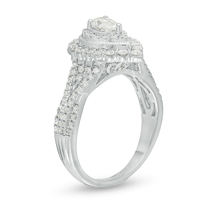Main Image 3 of Previously Owned - 1 CT. T.W. Pear-Shaped Diamond Frame Split Shank Vintage-Style Engagement Ring in 14K White Gold