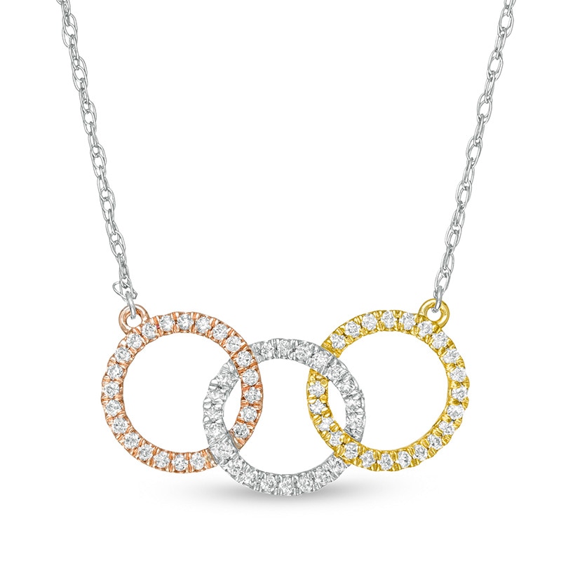 Main Image 1 of Previously Owned - 1/3 CT. T.W. Diamond Interwoven Circle Trio Necklace in 10K Tri-Tone Gold