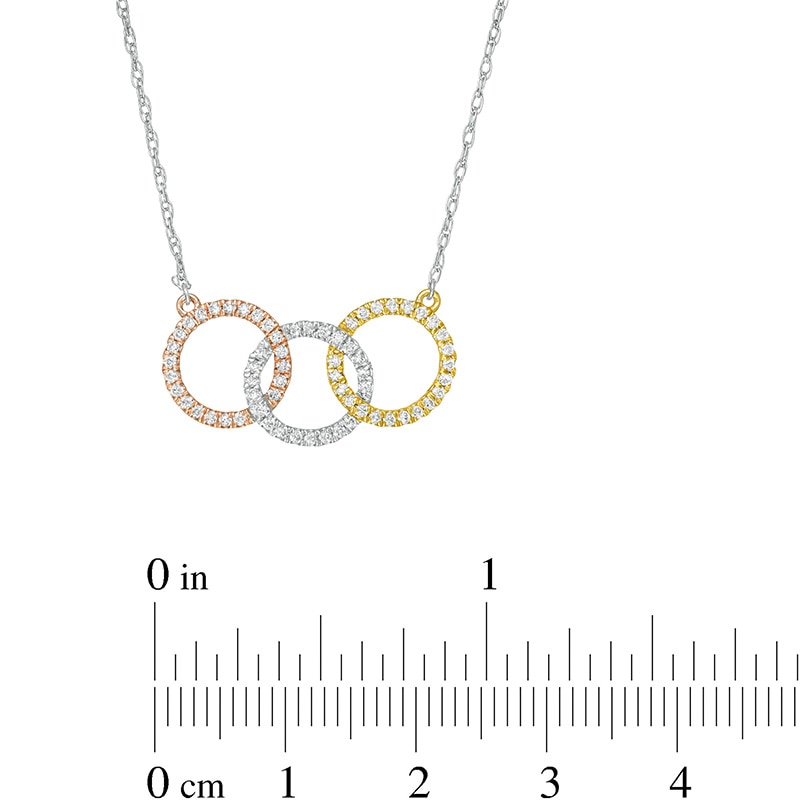 Main Image 2 of Previously Owned - 1/3 CT. T.W. Diamond Interwoven Circle Trio Necklace in 10K Tri-Tone Gold