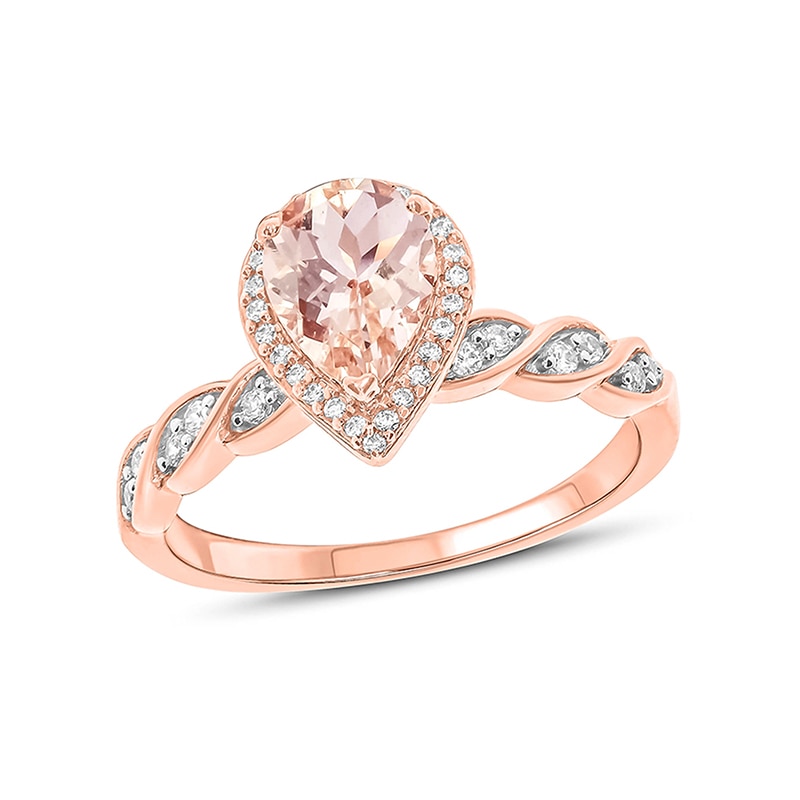Main Image 1 of Previously Owned - Pear-Shaped Morganite and 1/5 CT. T.W. Diamond Frame Twist Shank Ring in 10K Rose Gold