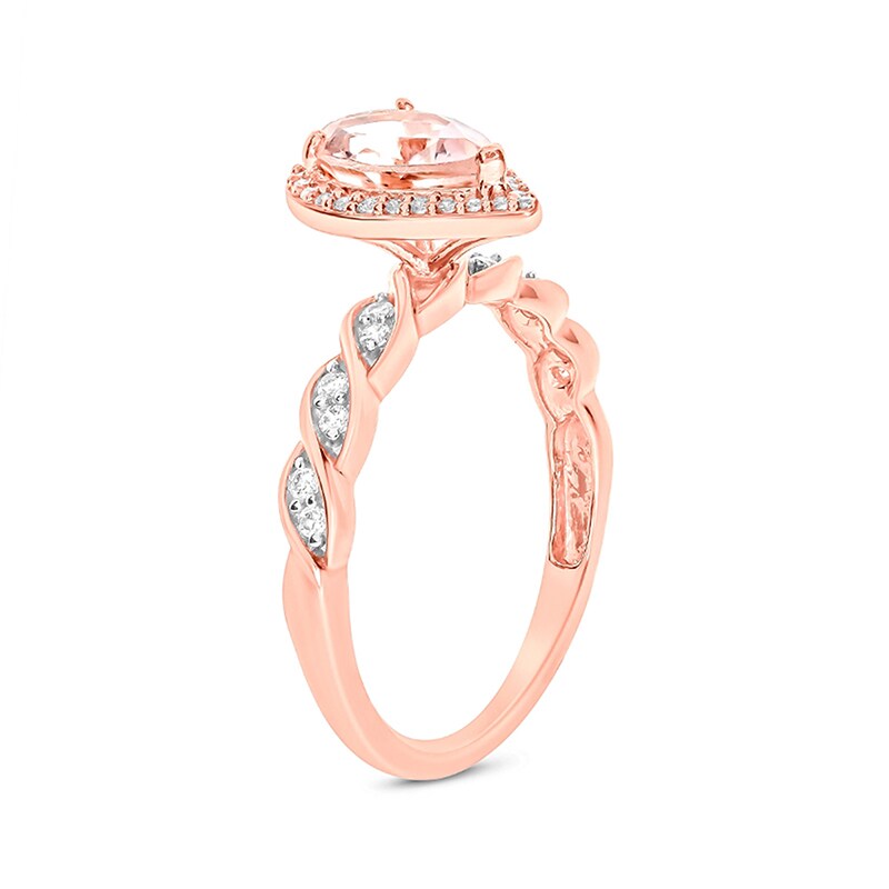 Main Image 2 of Previously Owned - Pear-Shaped Morganite and 1/5 CT. T.W. Diamond Frame Twist Shank Ring in 10K Rose Gold
