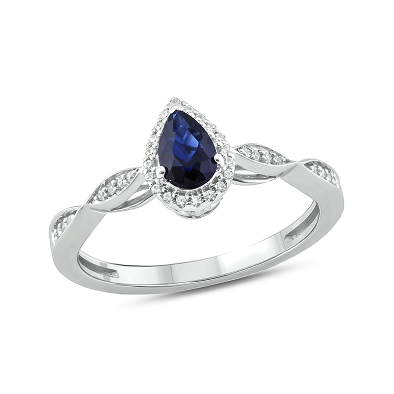 Main Image 1 of Previously Owned - Pear-Shaped Blue Lab-Created Sapphire and 1/10 CT. T.W. Diamond Engagement Ring in Sterling Silver