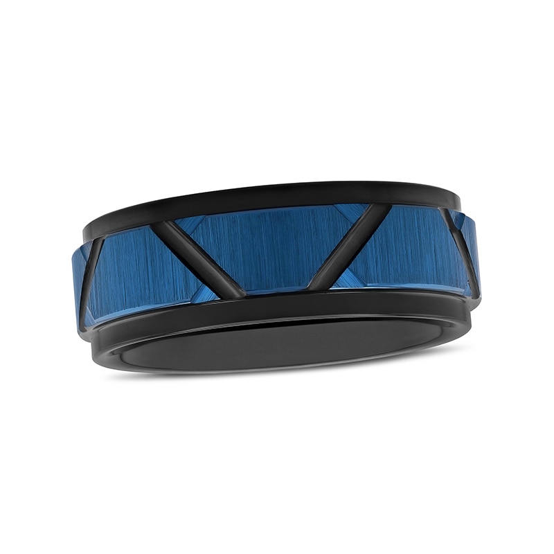 Main Image 1 of Previously Owned - Men's 8.0mm Brushed Geometric Pattern Stepped Edge Wedding Band in Tantalum with Black and Blue IP