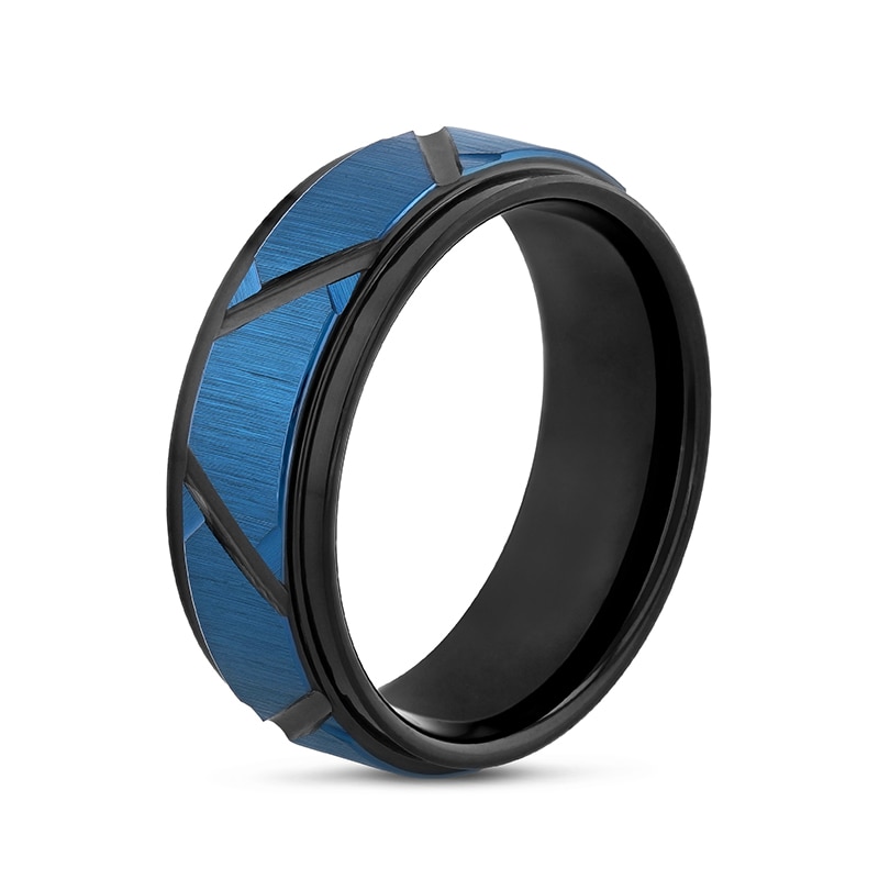 Main Image 2 of Previously Owned - Men's 8.0mm Brushed Geometric Pattern Stepped Edge Wedding Band in Tantalum with Black and Blue IP