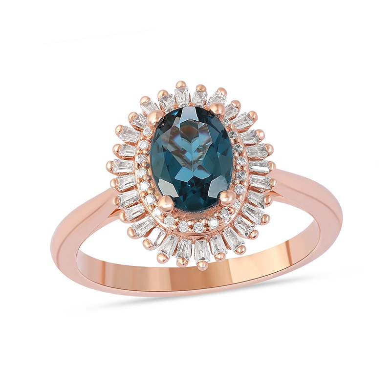 Main Image 1 of Previously Owned - Oval London Blue Topaz and 1/4 CT. T.W. Diamond Double Frame Ring in 10K Rose Gold