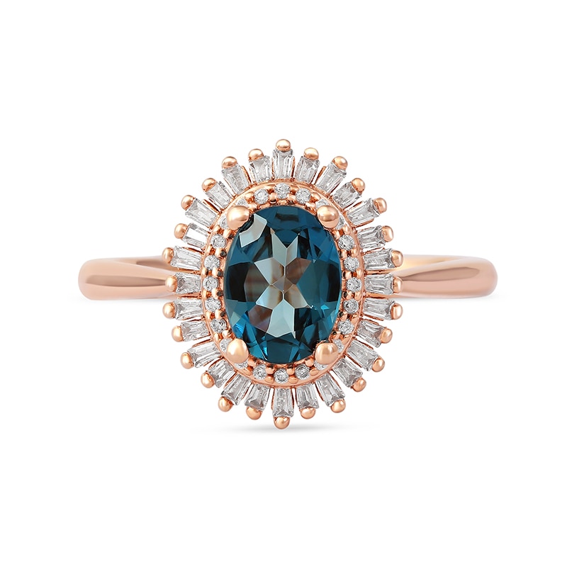 Main Image 3 of Previously Owned - Oval London Blue Topaz and 1/4 CT. T.W. Diamond Double Frame Ring in 10K Rose Gold