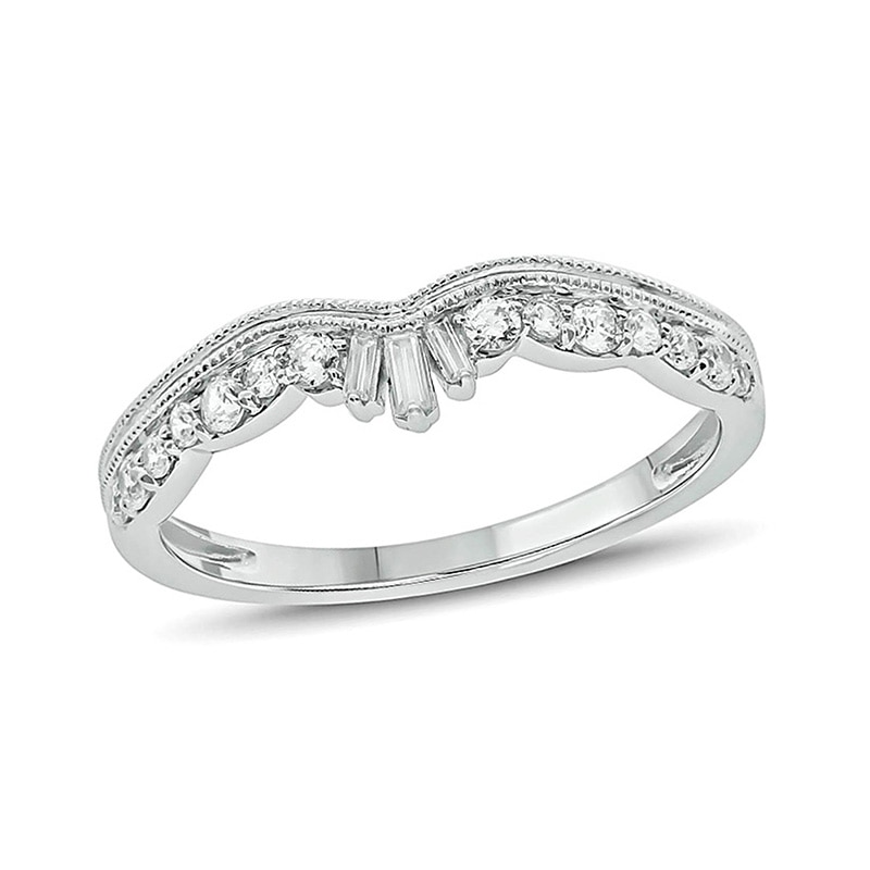 Main Image 1 of Previously Owned - 1/4 CT. T.W. Baguette and Round Diamond Vintage-Style Contour Wedding Band in 10K White Gold