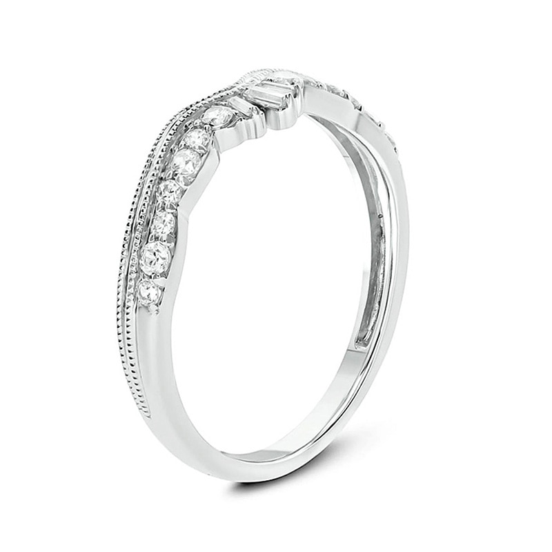 Main Image 2 of Previously Owned - 1/4 CT. T.W. Baguette and Round Diamond Vintage-Style Contour Wedding Band in 10K White Gold