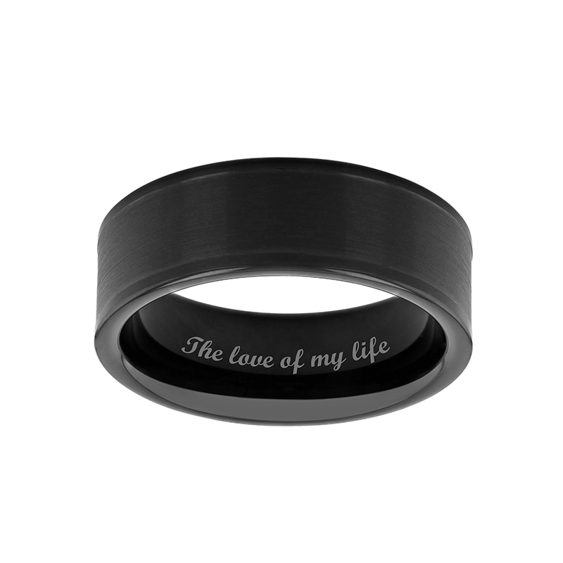 Main Image 1 of Previously Owned - Men's 8.0mm Brushed Inlay Comfort-Fit Engravable Wedding Band in Tungsten with Black IP (1 Line)