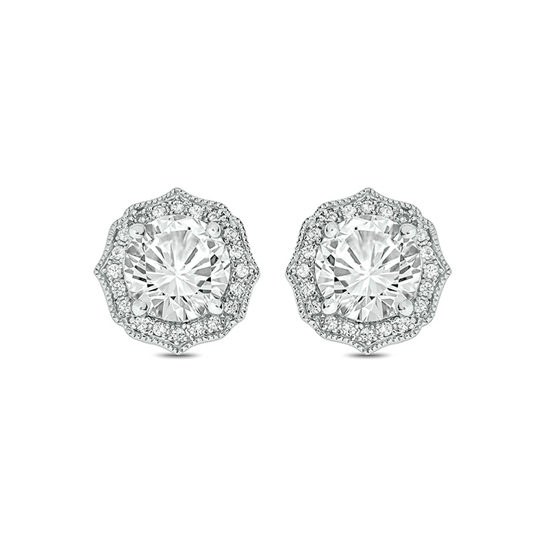 Main Image 2 of Previously Owned - White Lab-Created Sapphire and 1/10 CT. T.W. Diamond Vintage-Style Stud Earrings in 10K White Gold