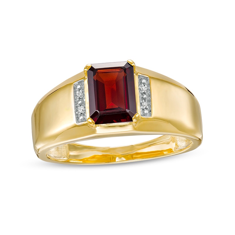 Main Image 1 of Previously Owned - Men's Emerald-Cut Garnet and Diamond Accent Collar Ring in 10K Gold