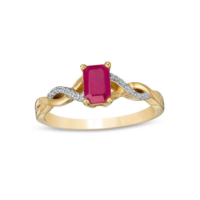 Previously Owned - Emerald-Cut Ruby and 1/20 CT. T.W. Diamond Twist Shank Ring in 14K Gold