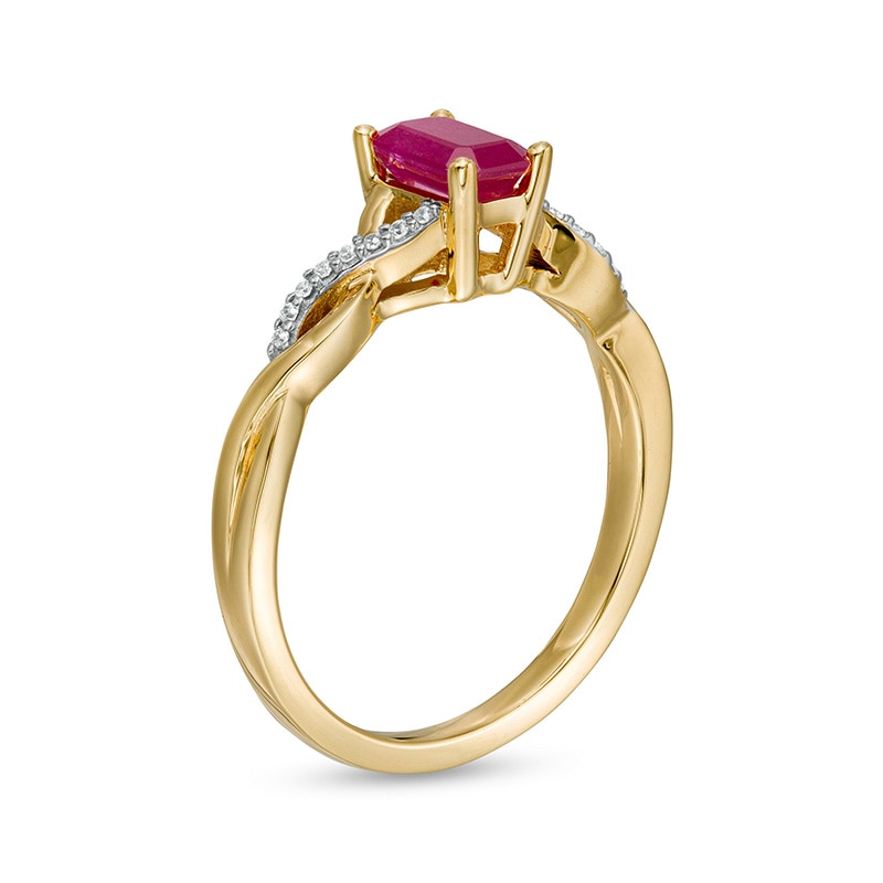 Previously Owned - Emerald-Cut Ruby and 1/20 CT. T.W. Diamond Twist Shank Ring in 14K Gold