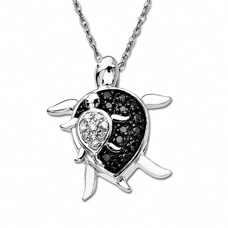 Main Image 1 of Previously Owned - Black and White Diamond Mother Turtle and Baby Turtle Pendant in 10K White Gold